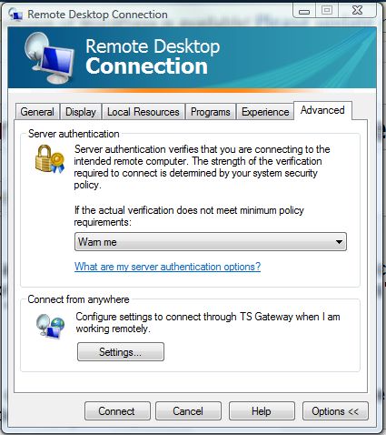 Remote Desktop Client Advanced Tab